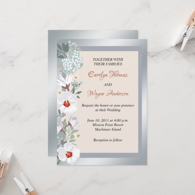 Silver and Rust Floral Wedding Invitation (Front/Back In Situ)