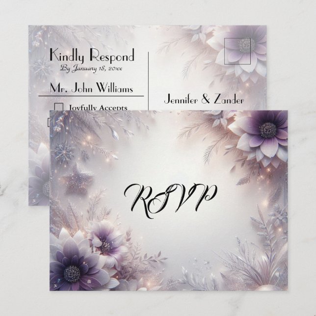 Silver and Soft Amethyst Winter Bloom RSVP Invitation Postcard (Front/Back)