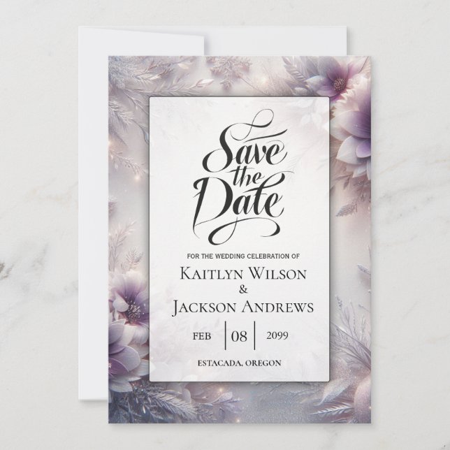 Silver and Soft Amethyst Winter Blooms Save The Date (Front)
