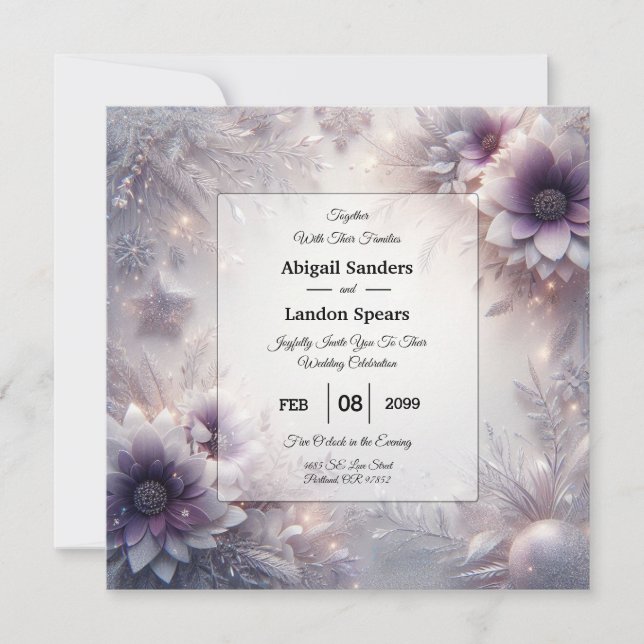 Silver and Soft Amethyst Winter Blooms Wedding Invitation (Front)