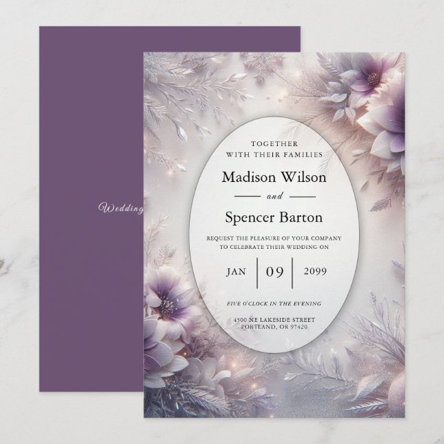 Silver and Soft Amethyst Winter Blooms Wedding Invitation (Front/Back)