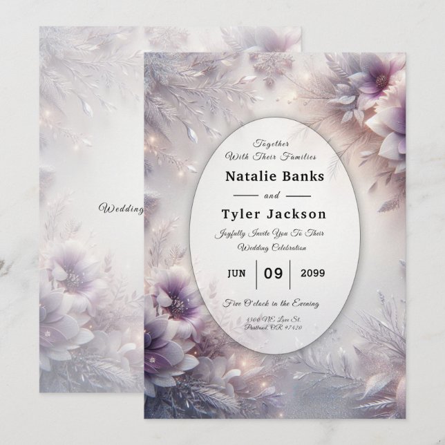 Silver and Soft Amethyst Winter Blooms Wedding Invitation (Front/Back)