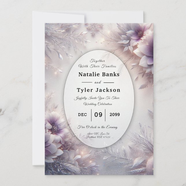 Silver and Soft Amethyst Winter Blooms Wedding Invitation (Front)