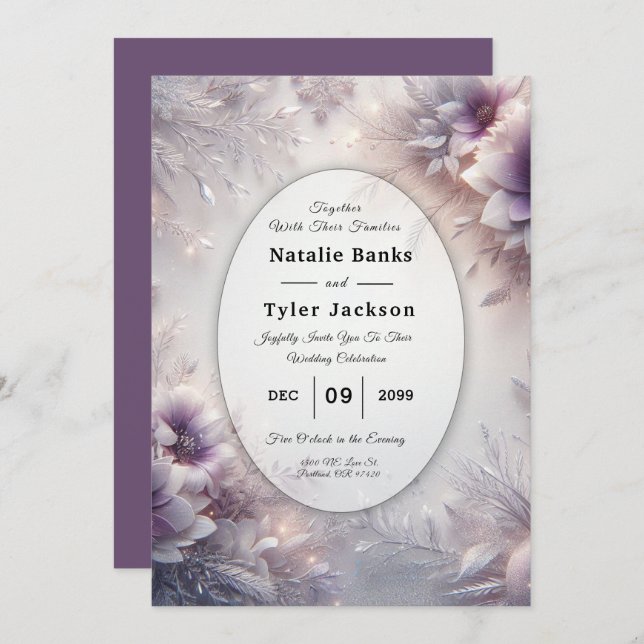 Silver and Soft Amethyst Winter Blooms Wedding Invitation (Front/Back)