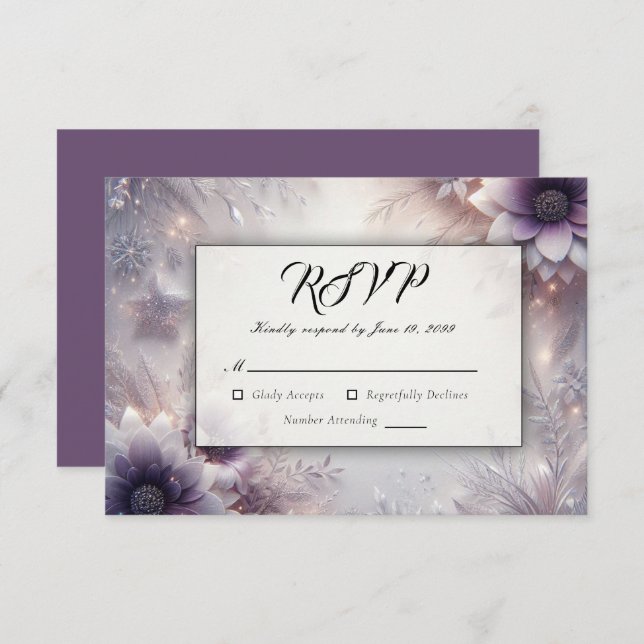 Silver and Soft Amethyst Winter Blooms Wedding RSVP Card (Front/Back)