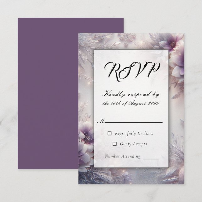 Silver and Soft Amethyst Winter Blooms Wedding RSVP Card (Front/Back)