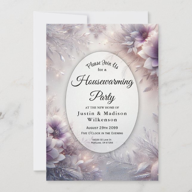 Silver and Soft Amethyst Winter Housewarming Party Invitation (Front)