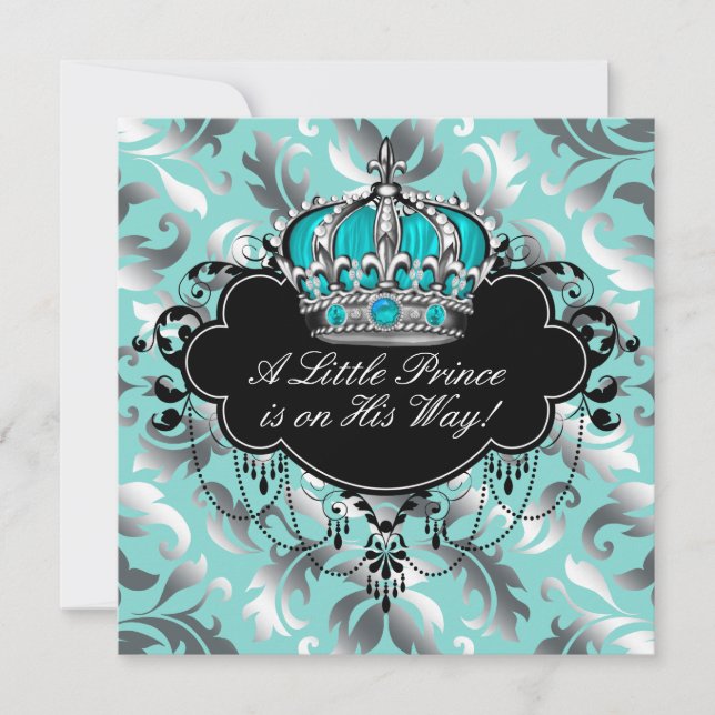 Silver and Teal Blue Prince Baby Boy Shower Invitation (Front)