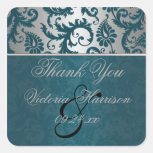 Silver and Teal Damask II Square Shaped Sticker