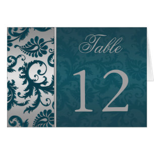 Silver and Teal Damask II Table Number Card