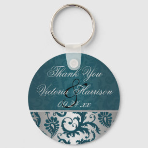 Silver and Teal Damask II Wedding Favour Keychain