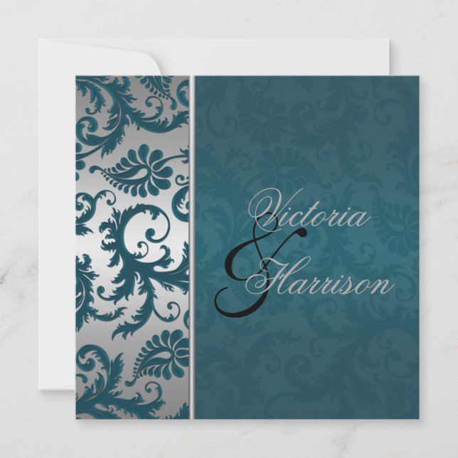 Silver and Teal Damask II Wedding Invitation (Front)