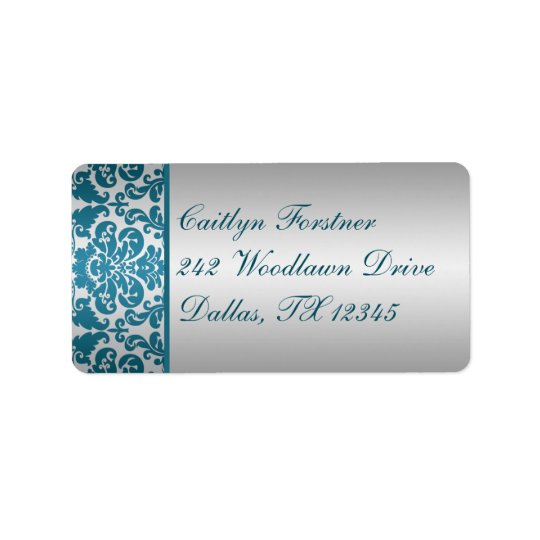 Silver and Teal Damask Return Address Label