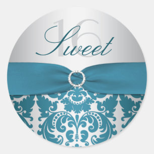 Silver and Teal Damask Sweet Sixteen Sticker