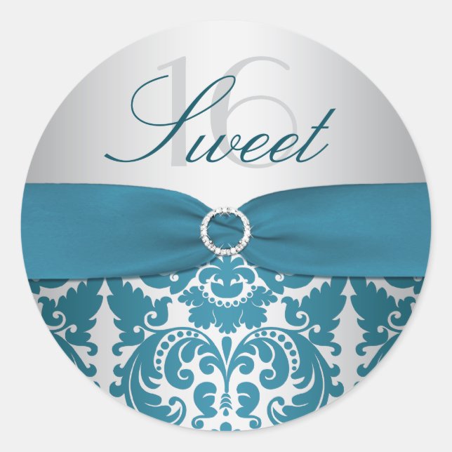 Silver and Teal Damask Sweet Sixteen Sticker (Front)
