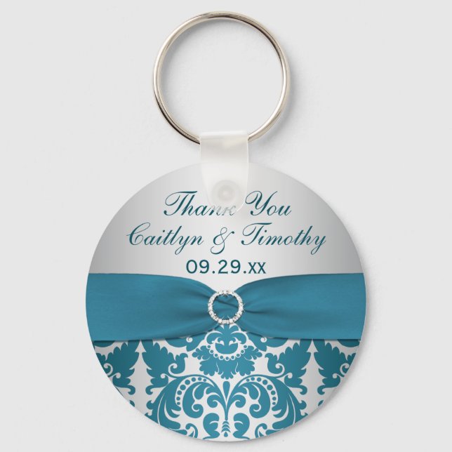 Silver and Teal Damask Wedding Favour Keychain (Front)
