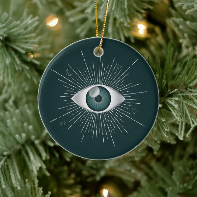 Silver and Teal Green Mystic Evil Eye Nazar Mati Ceramic Ornament (Tree)