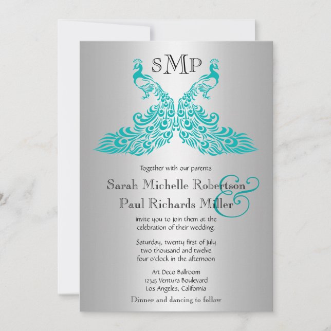 Silver and Teal Peacock Wedding Invitations (Front)