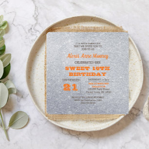 Silver and Topaz Orange Glitter Sweet 16 Invitation