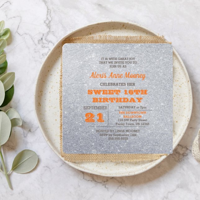 Silver and Topaz Orange Glitter Sweet 16 Invitation (Creator Uploaded)