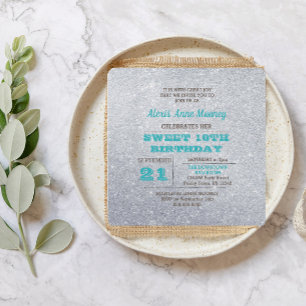 Silver and Turquoise Blue Glitter Sweet 16 Invitation