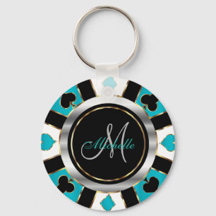 Silver and Turquoise Poker Chip Design - Monogram  Key Ring