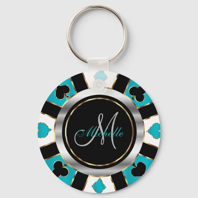 Silver and Turquoise Poker Chip Design - Monogram  Key Ring (Front)