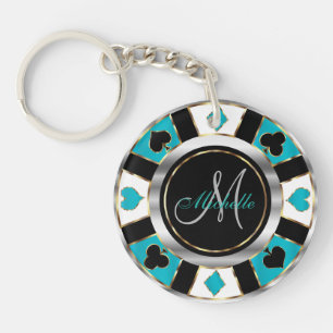 Silver and Turquoise Poker Chip Design - Monogram Key Ring