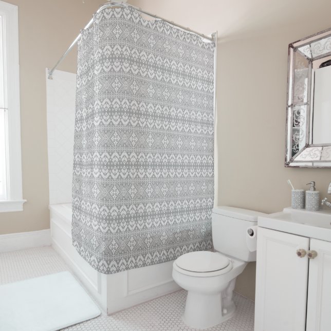 Silver and White Christmas Fair Isle Pattern Shower Curtain (In Situ)