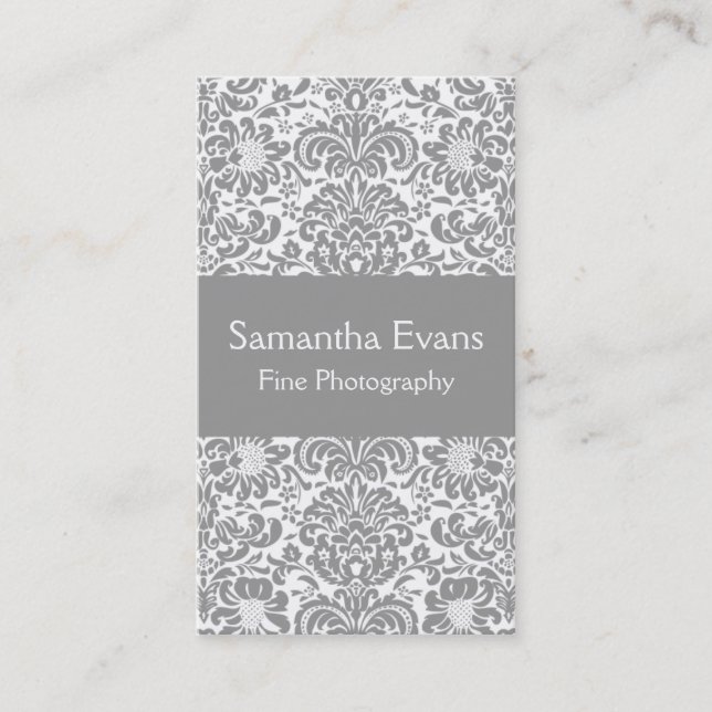 Silver and White Damask Business Card (Front)