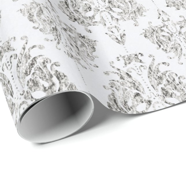 Silver And White Damask Wrapping Paper (Roll Corner)