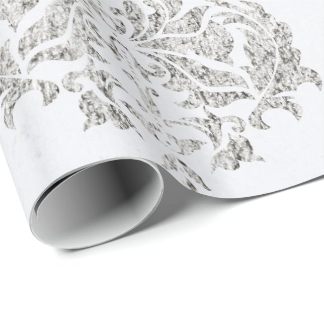 Silver And White Damask Wrapping Paper (Roll Corner)