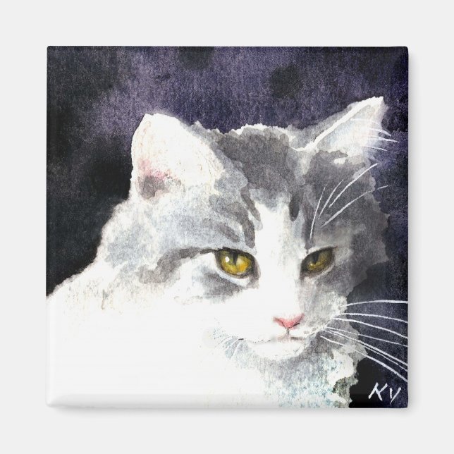 Silver and white kitten magnet (Front)