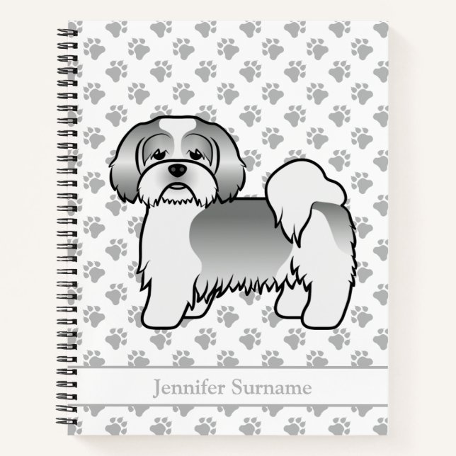 Silver And White Lhasa Apso Cartoon Dog & Name Notebook (Front)