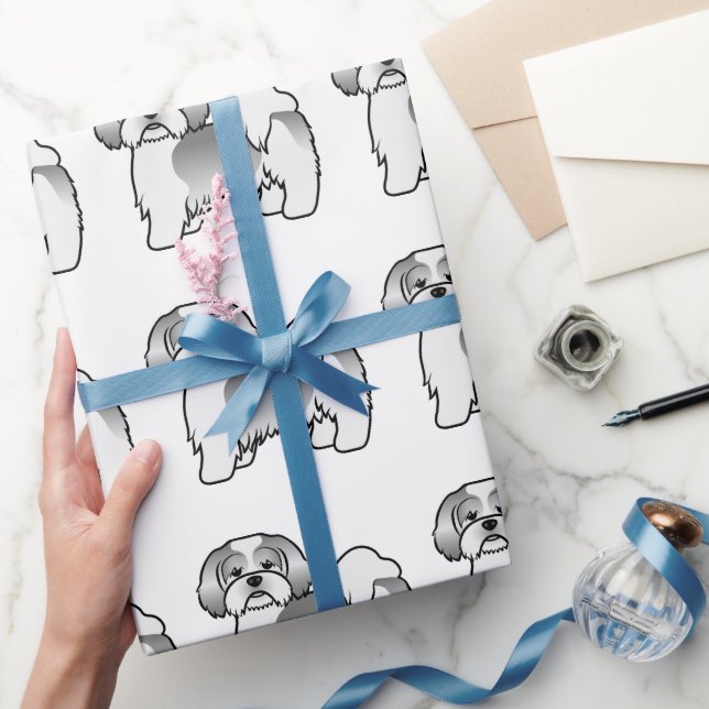 Silver And White Lhasa Apso Cartoon Dog Pattern Wrapping Paper (Gifting)