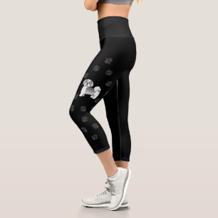 Silver And White Lhasa Apso Cartoon Dog & Paws Capri Leggings