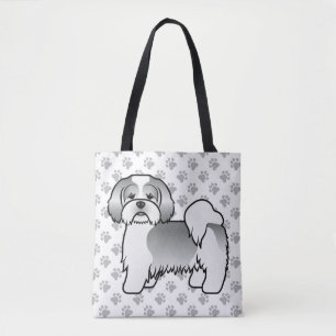 Silver And White Lhasa Apso Cartoon Dog & Paws Tote Bag