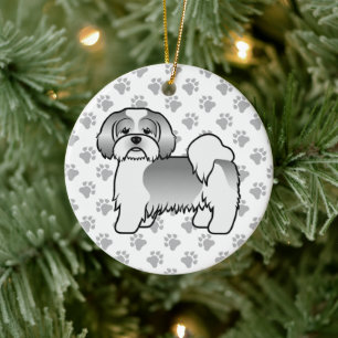 Silver And White Lhasa Apso Cute Cartoon Dog Ceramic Ornament