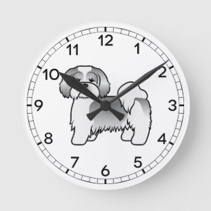 Silver And White Lhasa Apso Cute Cartoon Dog Round Clock