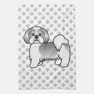 Silver And White Lhasa Apso Cute Cartoon Dog Tea Towel