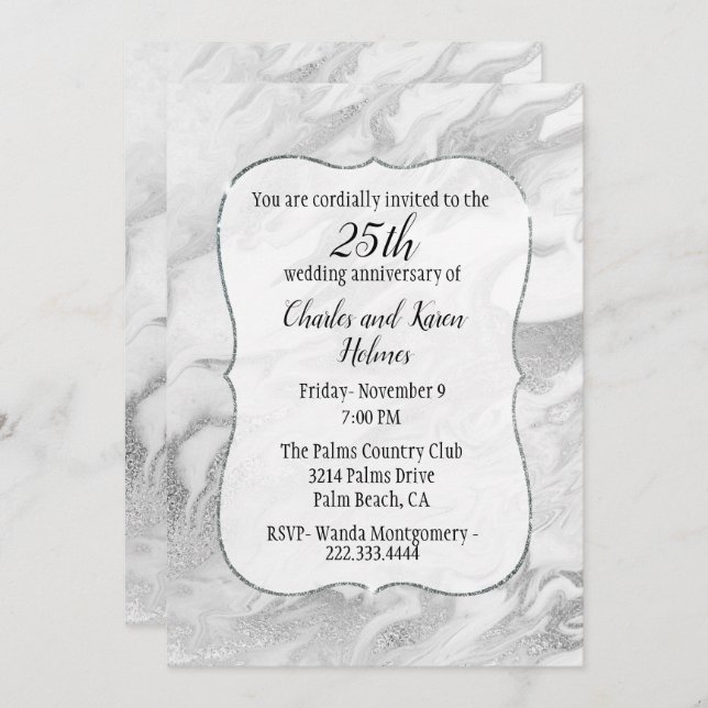 Silver and White Marbled Anniversary Invitation (Front/Back)