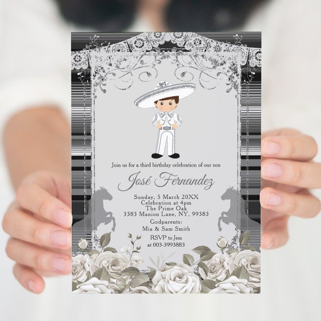 Silver and White Mexican Boy Third Birthday Invitation (Creator Uploaded)