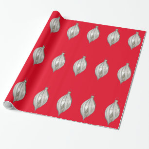 Silver and White Ornament Red Wrapping Paper