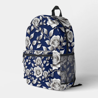 Silver And White Roses Printed Backpack