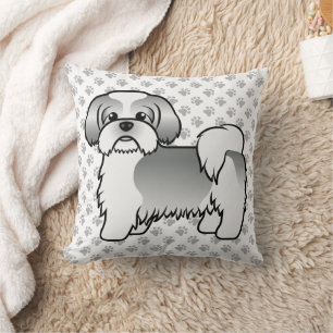 Silver And White Shih Tzu Cute Cartoon Dog & Paws Cushion