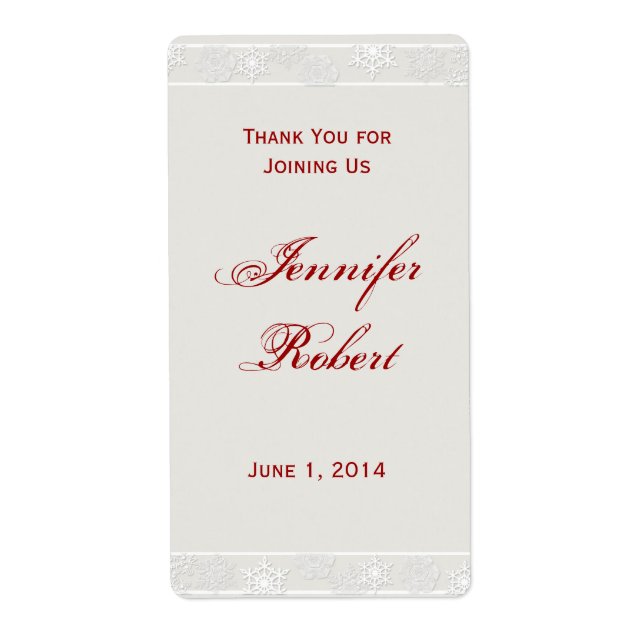 Silver and White Snowflake Wedding Wine Label (Front)