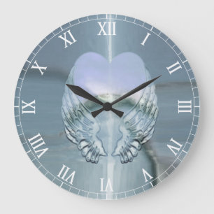 Silver Angel Wings Wrapped Around a Heart Large Clock