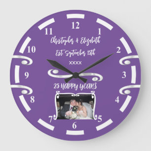 Silver Anniversary 25 years add names photo purple Large Clock