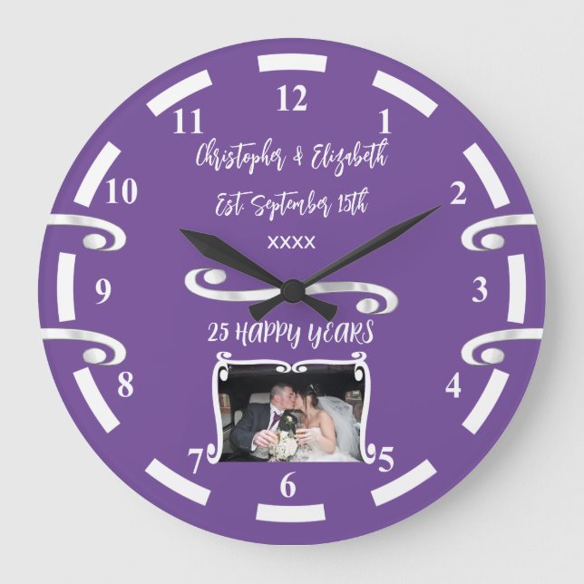 Silver Anniversary 25 years add names photo purple Large Clock (Front)