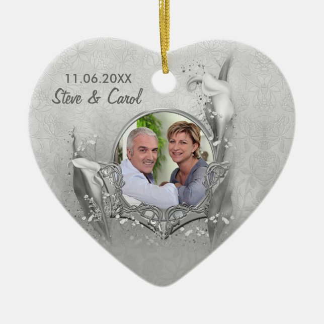 Silver Anniversary Calla Photo Keepsake Ceramic Tree Decoration (Front)